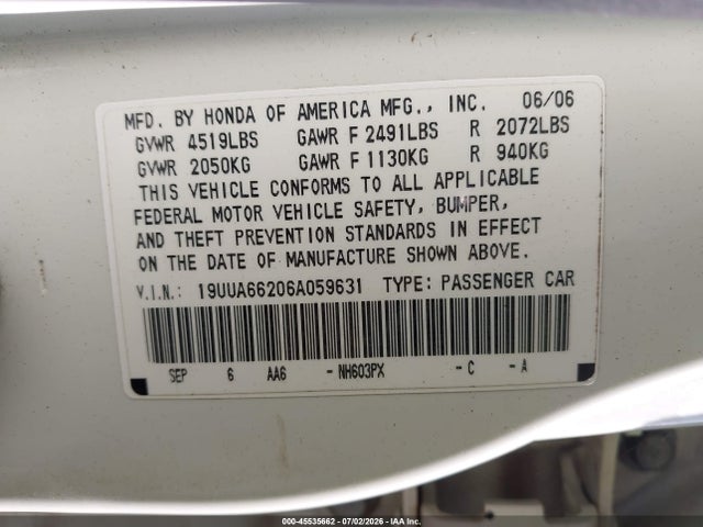 45535662 :رقم المزاد ، 19UUA66206A059631 vin ، 2006 Acura Tl مزاد بيع