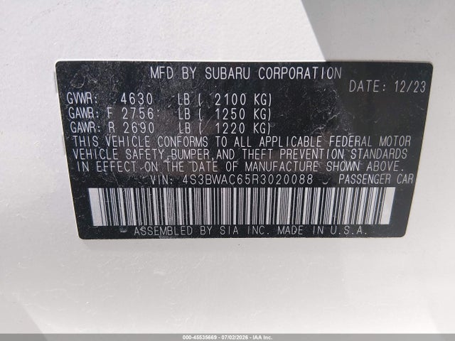 Aukcja sprzedaży 2024 Subaru Legacy Premium, vin: 4S3BWAC65R3020088, numer aukcji: 45535669