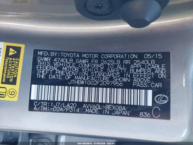 Lexus ES 300H 2015 JTHBW1GG2F2097956 Image 9