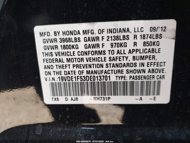 Auction sale of the 2013 Acura Ilx 2.0l, vin: 19VDE1F53DE013701, lot number: 45535679