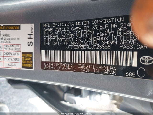JTDEBRBE9LJ028858 Toyota Corolla Hybrid Le