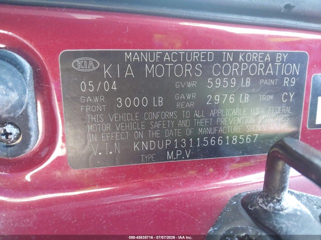 Aukcja sprzedaży 2005 Kia Sedona Ex/lx, vin: KNDUP131156618567, numer aukcji: 45535716