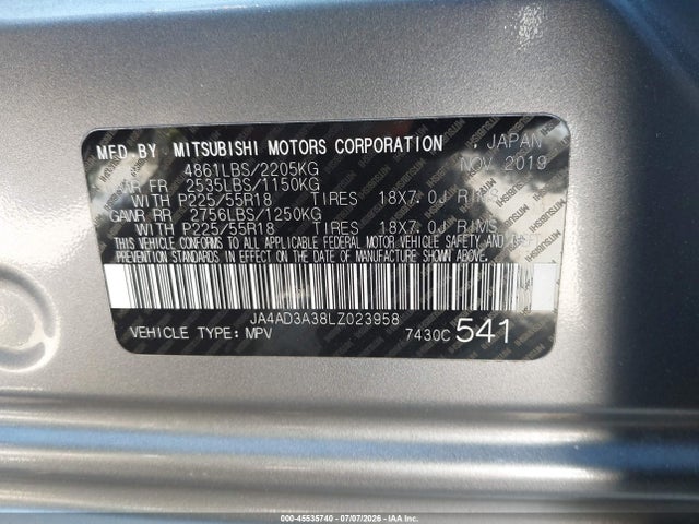 Aukcja sprzedaży 2020 Mitsubishi Outlander Le 2.4/se 2.4/sel 2.4/sp 2.4, vin: JA4AD3A38LZ023958, numer aukcji: 45535740