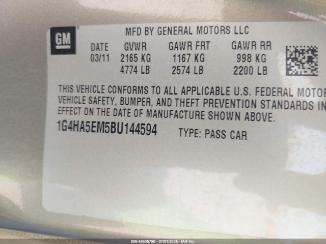 45535750 :رقم المزاد ، 1G4HA5EM5BU144594 vin ، 2011 Buick Lucerne Cx مزاد بيع