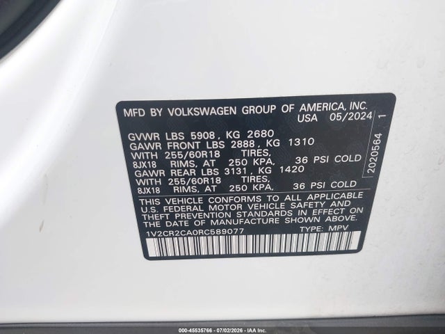 Продаж на аукціоні авто 2024 Volkswagen Atlas 2.0t Peak Edition Se W/technology, vin: 1V2CR2CA0RC589077, номер лоту: 45535766