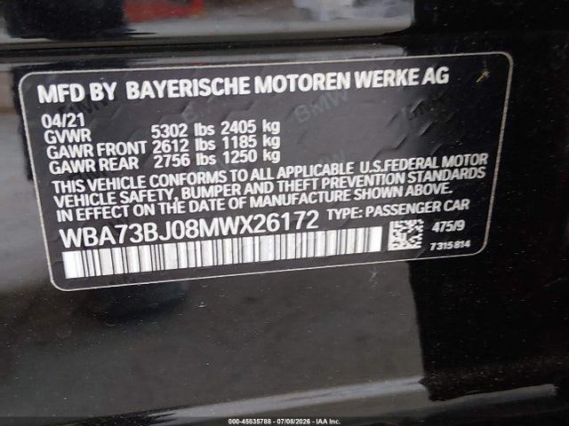Продаж на аукціоні авто 2021 Bmw 540i Xdrive, vin: WBA73BJ08MWX26172, номер лоту: 45535788