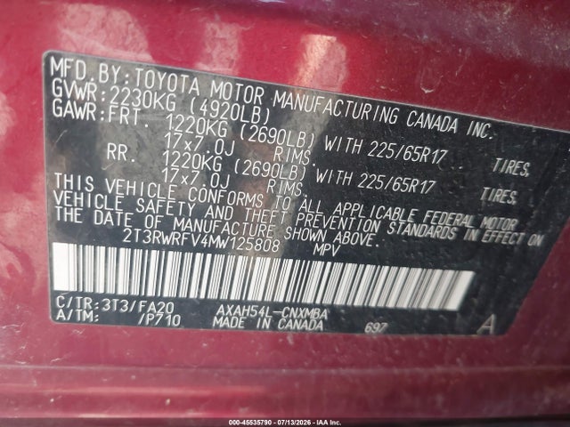 2T3RWRFV4MW125808 Toyota Rav4 Hybrid Xle