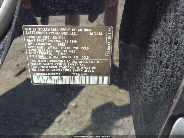 2018 Volkswagen Atlas 3.6l V6 Sel მანქანა იყიდება აუქციონზე, vin: 1V2MR2CA2JC594273, აუქციონის ნომერი: 45535795