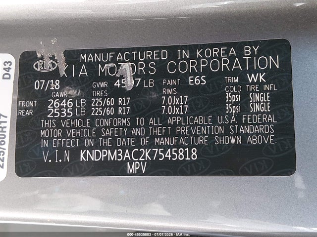 KNDPM3AC2K7545818 KIA Sportage Lx