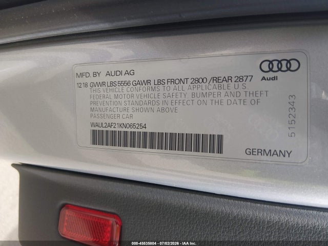 2019 Audi A6 55 Premium მანქანა იყიდება აუქციონზე, vin: WAUL2AF21KN065254, აუქციონის ნომერი: 45535804