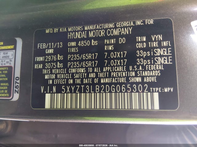 2013 Hyundai Santa Fe Sport მანქანა იყიდება აუქციონზე, vin: 5XYZT3LB2DG065302, აუქციონის ნომერი: 45535808