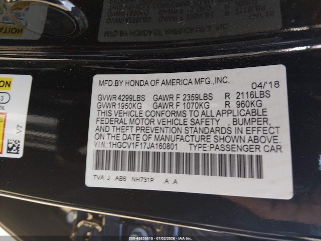 Honda ACCORD LX 2018 1HGCV1F17JA160801 Image 9