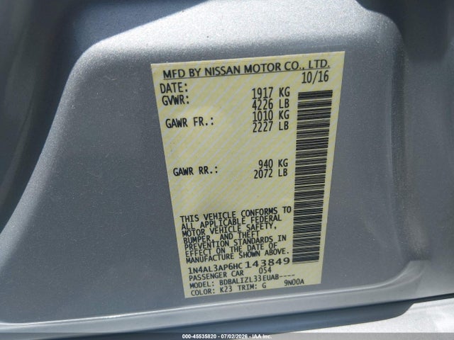 2017 Nissan Altima 2.5 Sv მანქანა იყიდება აუქციონზე, vin: 1N4AL3AP6HC143849, აუქციონის ნომერი: 45535820