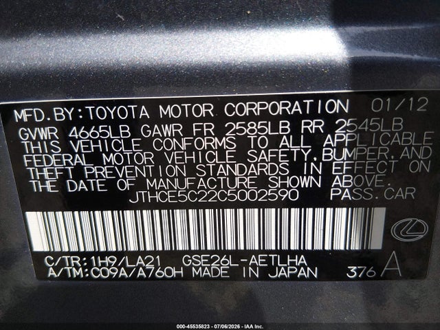 45535823 :رقم المزاد ، JTHCE5C22C5002590 vin ، 2012 Lexus Is 350 مزاد بيع