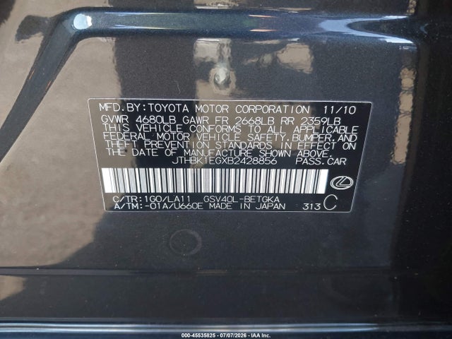 45535825 :رقم المزاد ، JTHBK1EGXB2428856 vin ، 2011 Lexus Es 350 مزاد بيع