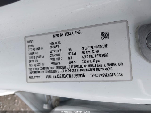 Tesla Model 3 Standard Range Plus Rear-wheel Drive 2021 5YJ3E1EA7MF060015 Image 9