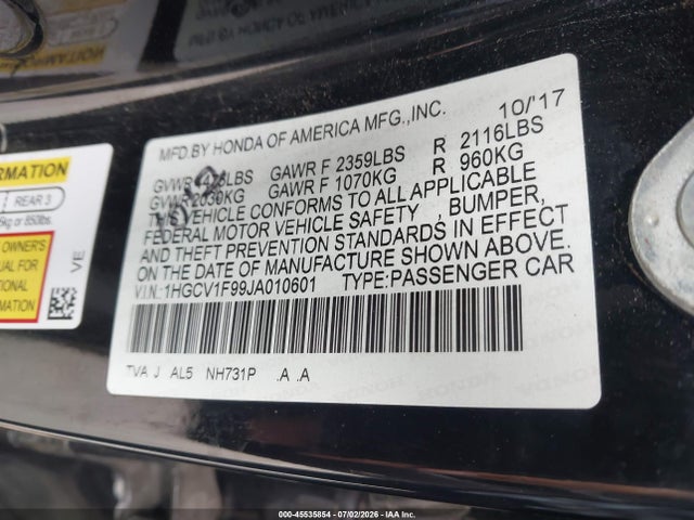 Honda Accord Touring 2018 1HGCV1F99JA010601 Image 9