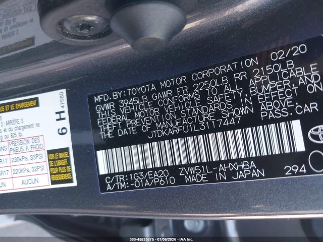 Toyota PRIUS XLE 2020 JTDKARFU1L3117447 Image 9
