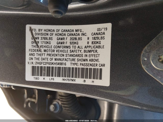 Honda Civic Lx 2019 2HGFC2F65KH549816 Image 9