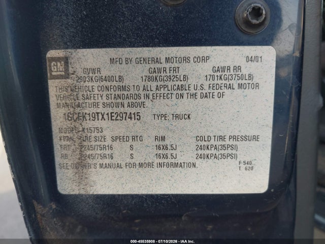 Продаж на аукціоні авто 2001 Chevrolet Silverado 1500 Ls, vin: 1GCEK19TX1E297415, номер лоту: 45535908