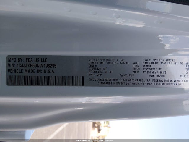 2022 Jeep Wrangler 4xe Unlimited Sahara 4x4 მანქანა იყიდება აუქციონზე, vin: 1C4JJXP60NW198295, აუქციონის ნომერი: 45535910