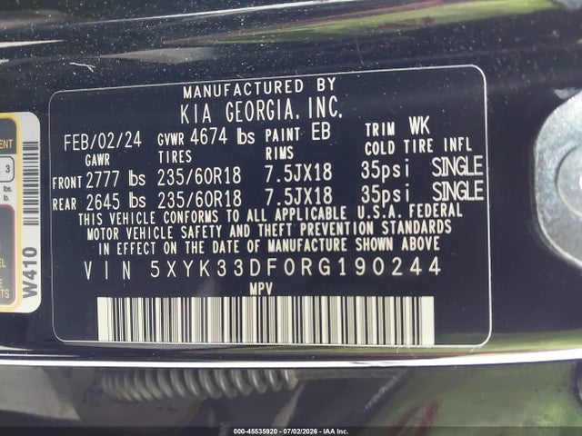 45535920 :رقم المزاد ، 5XYK33DF0RG190244 vin ، 2024 Kia Sportage Ex مزاد بيع