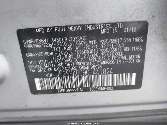 Aukcja sprzedaży 2012 Subaru Forester 2.5x Premium, vin: JF2SHADC9CH441824, numer aukcji: 45535928