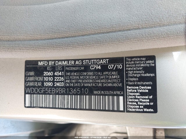 45535930 :رقم المزاد ، WDDGF5EB9BR136510 vin ، 2011 Mercedes-benz C 300 Sport مزاد بيع