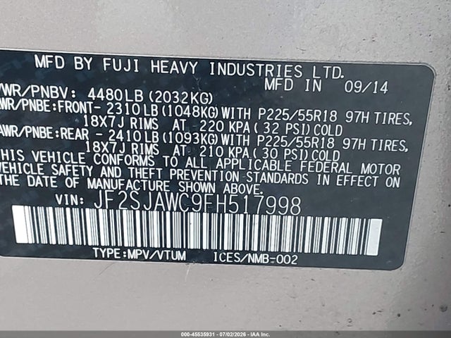 Продаж на аукціоні авто 2015 Subaru Forester 2.5i Touring, vin: JF2SJAWC9FH517998, номер лоту: 45535931