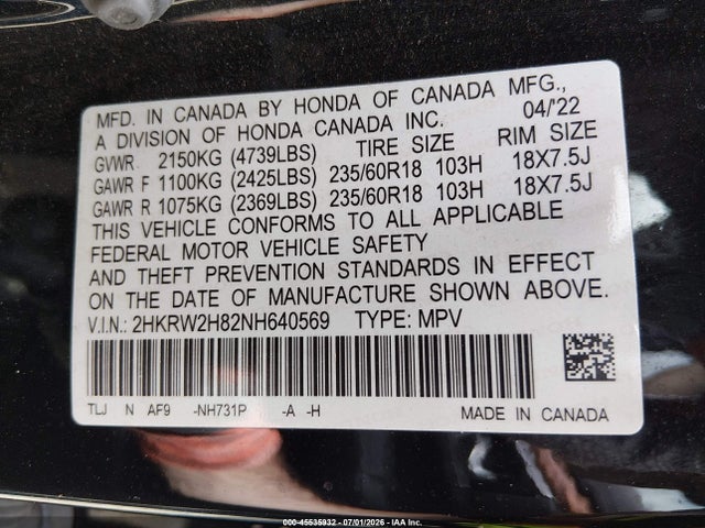 2HKRW2H82NH640569 Honda Cr-v Awd Ex-l