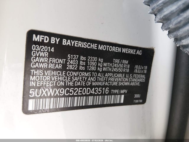 BMW X3 Xdrive28i 2014 5UXWX9C52E0D43516 Image 9