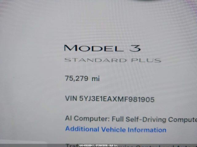 Tesla Model 3 Standard Range Plus Rear-wheel Drive 2021 5YJ3E1EAXMF981905 Image 13