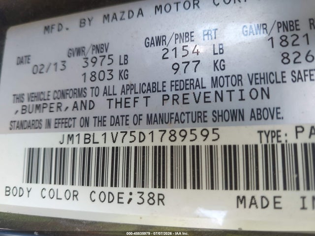 Aukcja sprzedaży 2013 Mazda Mazda3 I Touring, vin: JM1BL1V75D1789595, numer aukcji: 45535979