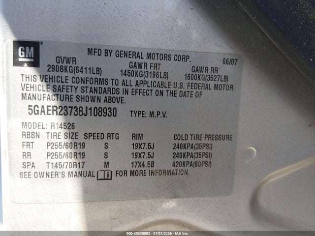 Aukcja sprzedaży 2008 Buick Enclave Cxl, vin: 5GAER23738J108930, numer aukcji: 45535983