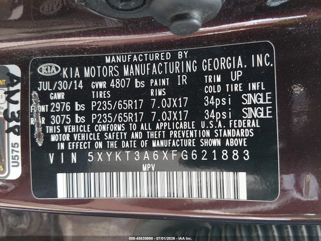 KIA SORENTO LX 2015 5XYKT3A6XFG621883 Image 9