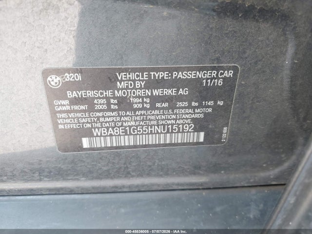 Aukcja sprzedaży 2017 Bmw 320i, vin: WBA8E1G55HNU15192, numer aukcji: 45536005