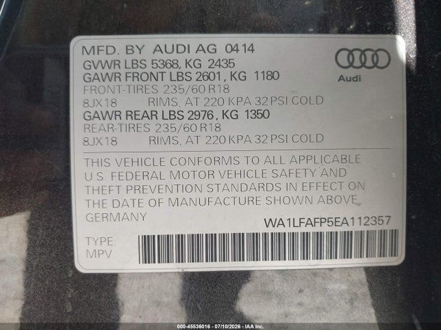 Aukcja sprzedaży 2014 Audi Q5 2.0t Premium, vin: WA1LFAFP5EA112357, numer aukcji: 45536016