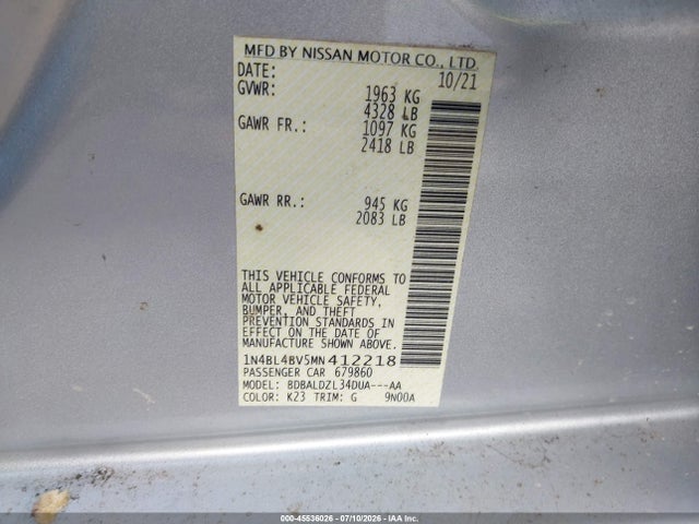 45536026 :رقم المزاد ، 1N4BL4BV5MN412218 vin ، 2021 Nissan Altima S Fwd مزاد بيع