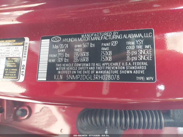 Aukcja sprzedaży 2024 Hyundai Santa Fe Sel, vin: 5NMP2DGL3RH028078, numer aukcji: 45536034