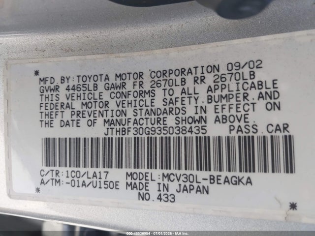 45536054 :رقم المزاد ، JTHBF30G935038435 vin ، 2003 Lexus Es 300 مزاد بيع