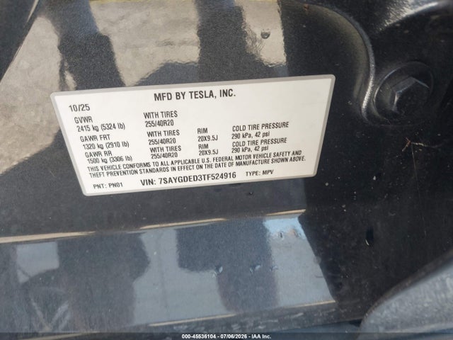 Aukcja sprzedaży 2026 Tesla Model Y Premium Rear-wheel Drive/rear-wheel Drive, vin: 7SAYGDED3TF524916, numer aukcji: 45536104