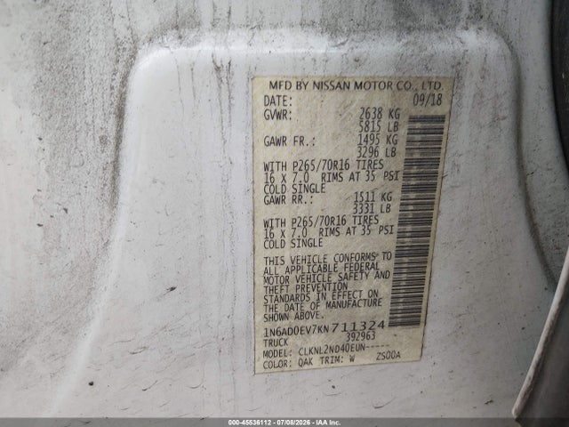 45536112 :رقم المزاد ، 1N6AD0EV7KN711324 vin ، 2019 Nissan Frontier Sv مزاد بيع