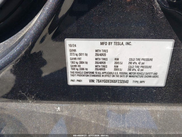 45536121 :رقم المزاد ، 7SAYGDED6SF232840 vin ، 2025 Tesla Model Y Long Range Dual Motor Rear-wheel Drive مزاد بيع