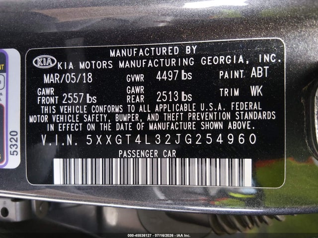 Auction sale of the 2018 Kia Optima S, vin: 5XXGT4L32JG254960, lot number: 45536127