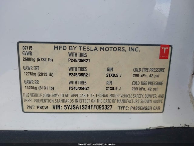 Tesla Model S 70d/85d/p85d 2015 5YJSA1S24FF095327 Image 9