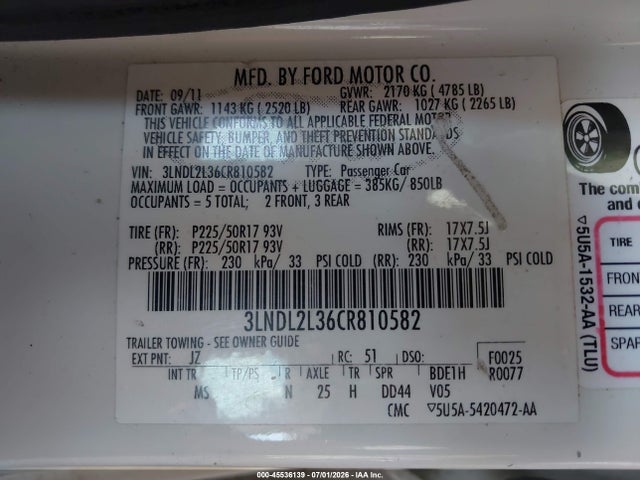 45536139 :رقم المزاد ، 3LNDL2L36CR810582 vin ، 2012 Lincoln Mkz Hybrid مزاد بيع