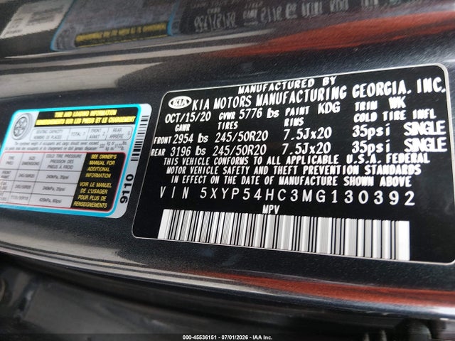 45536151 :رقم المزاد ، 5XYP54HC3MG130392 vin ، 2021 Kia Telluride Sx مزاد بيع