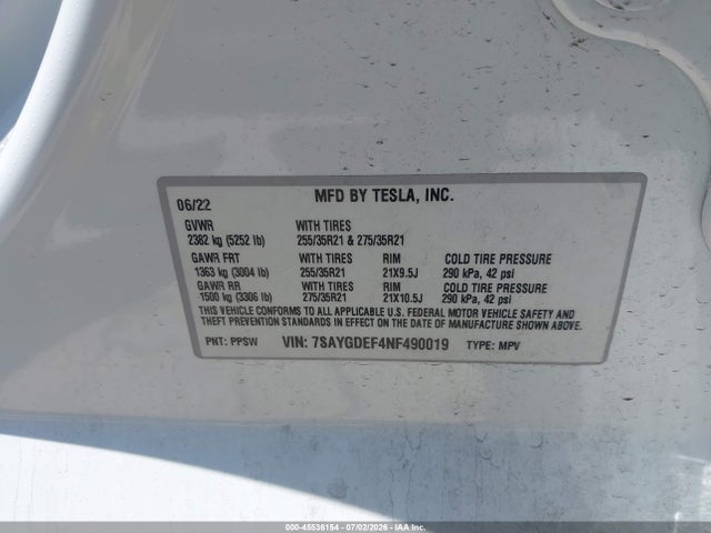 Auction sale of the 2022 Tesla Model Y Performance Dual Motor All-wheel Drive, vin: 7SAYGDEF4NF490019, lot number: 45536154