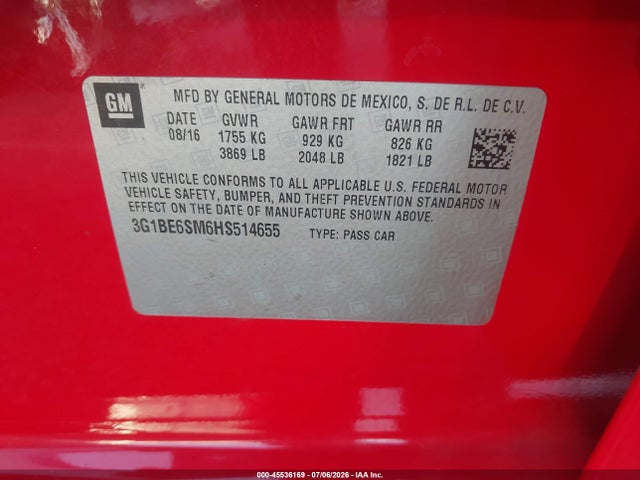 3G1BE6SM6HS514655 Chevrolet Cruze Lt Auto