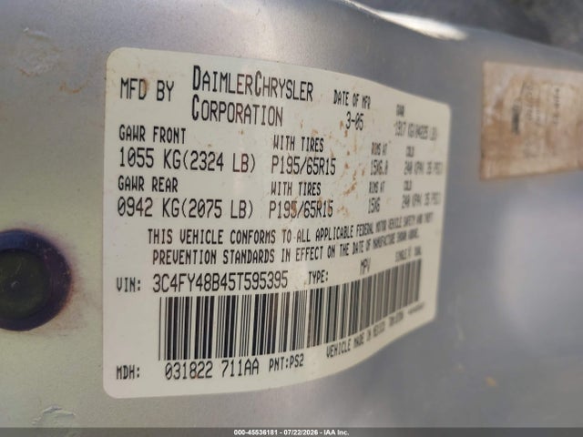 2005 Chrysler Pt Cruiser მანქანა იყიდება აუქციონზე, vin: 3C4FY48B45T595395, აუქციონის ნომერი: 45536181